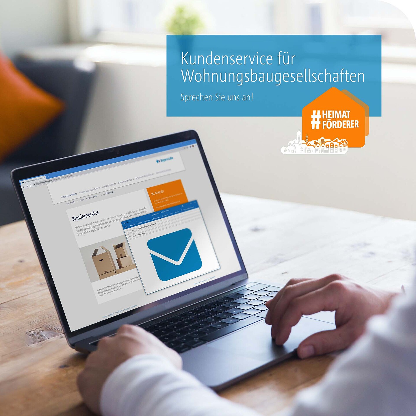 Laptop mit Kundenservice-Mail der BayernLabo als Ansprechpartner.