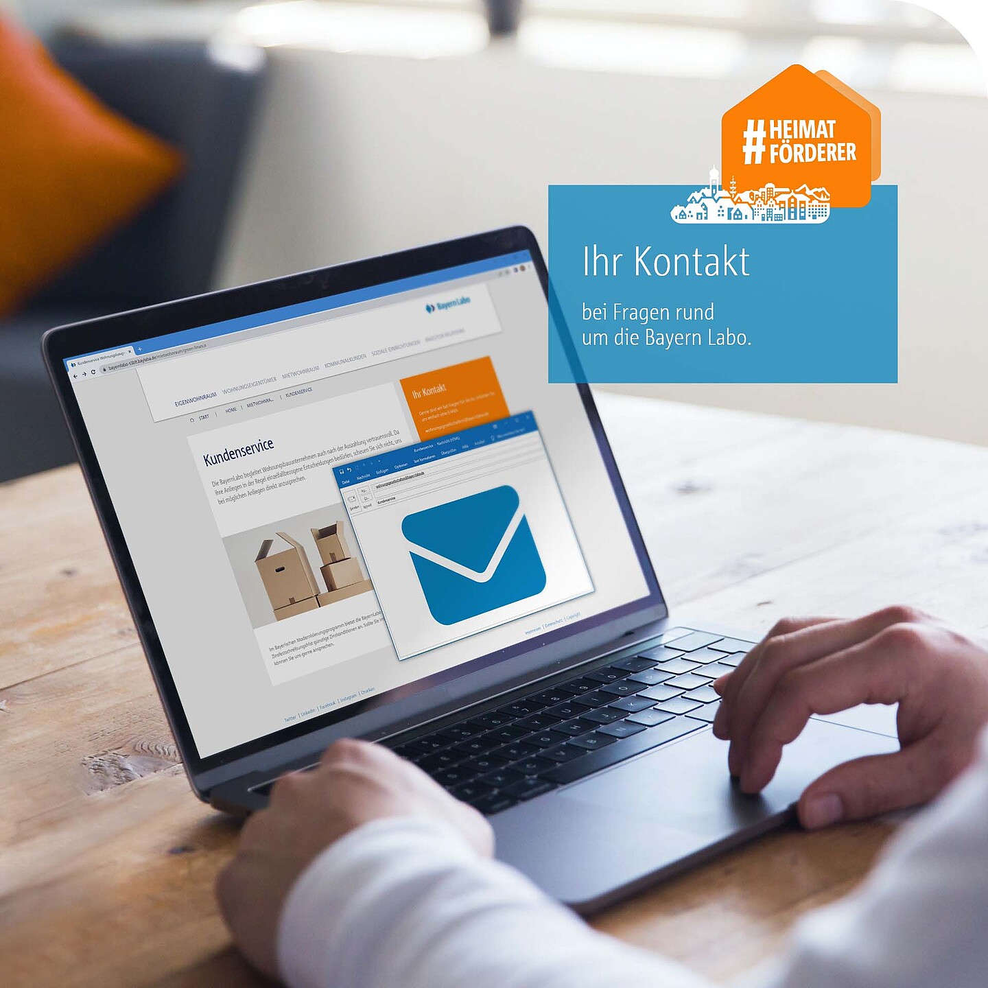 Laptop mit E-Mail Postfach und einer Nachricht der BayernLabo auf eine Kundenservice-Anfrage.