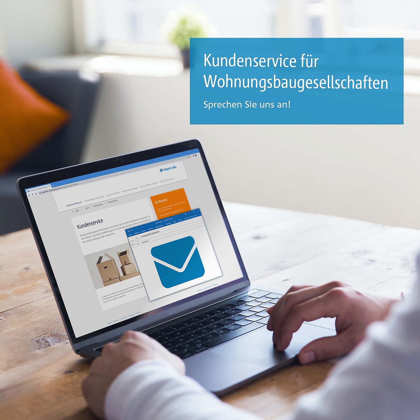 Laptop mit Kundenservice-Mail der BayernLabo als Ansprechpartner.