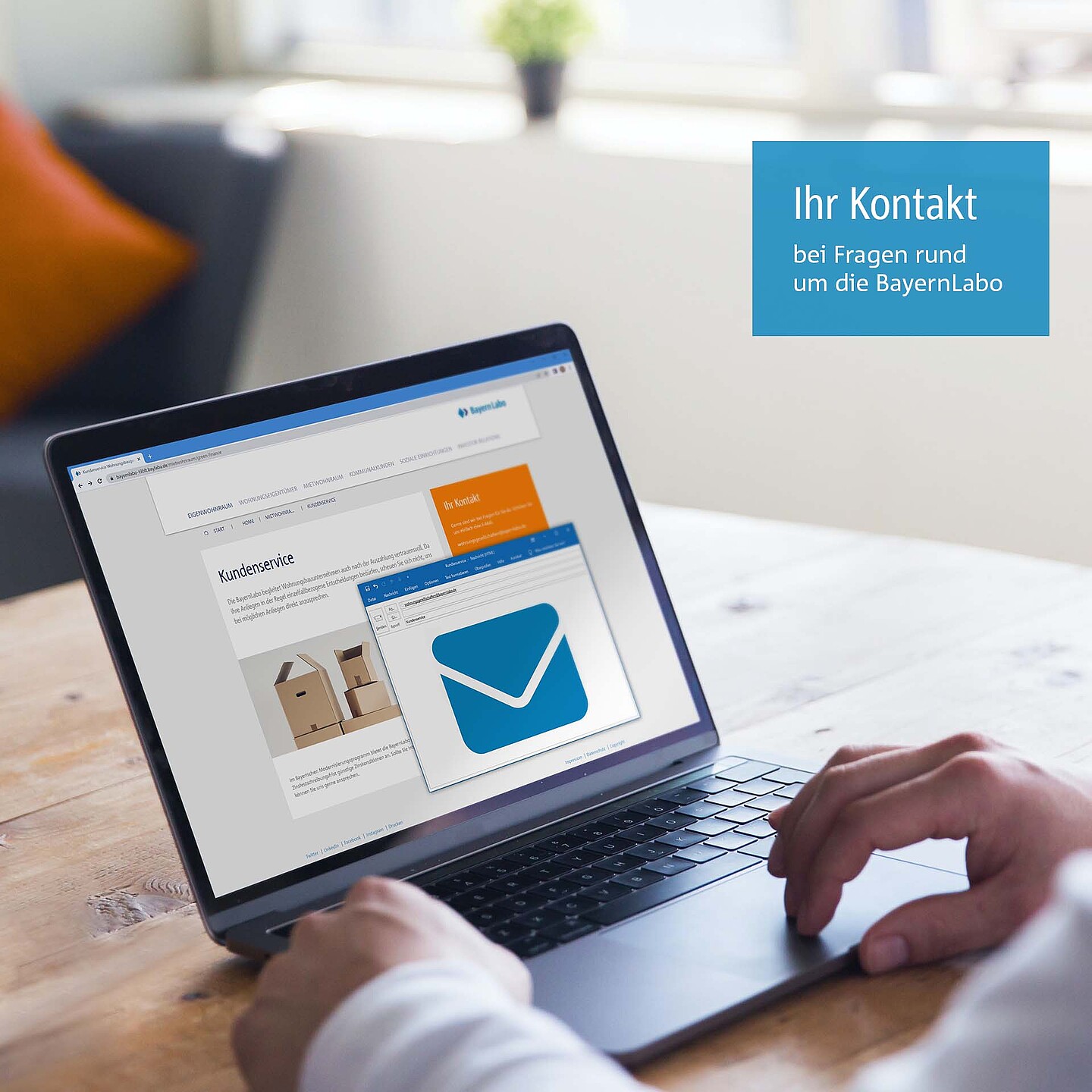 Laptop mit E-Mail Postfach und einer Nachricht der BayernLabo auf eine Kundenservice-Anfrage.