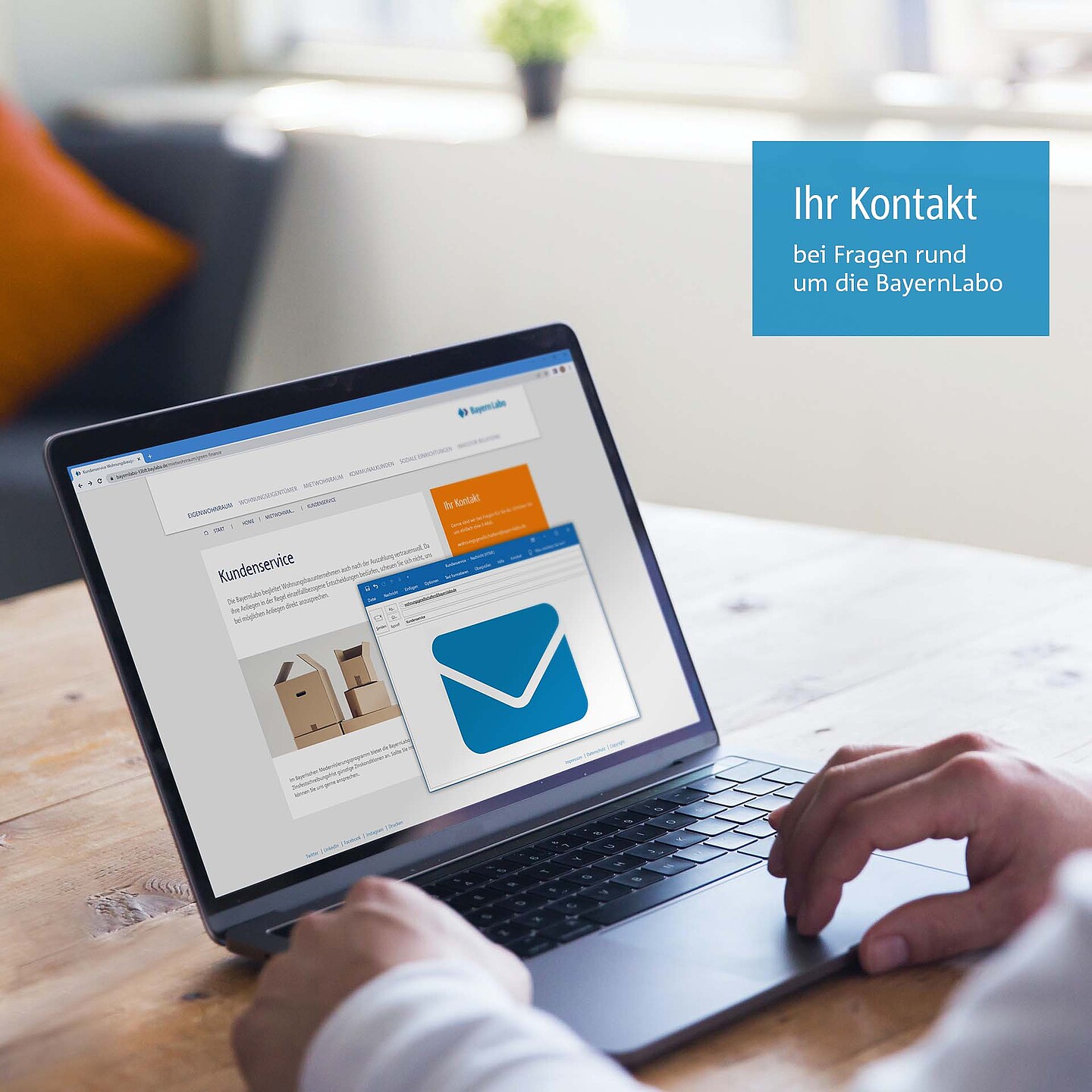Ihr Kontakt bei Fragen an die BayernLabo als Förderinstitut Laptop mit E-Mail Postfach und einer Nachricht der BayernLabo auf eine Kundenservice-Anfrage.