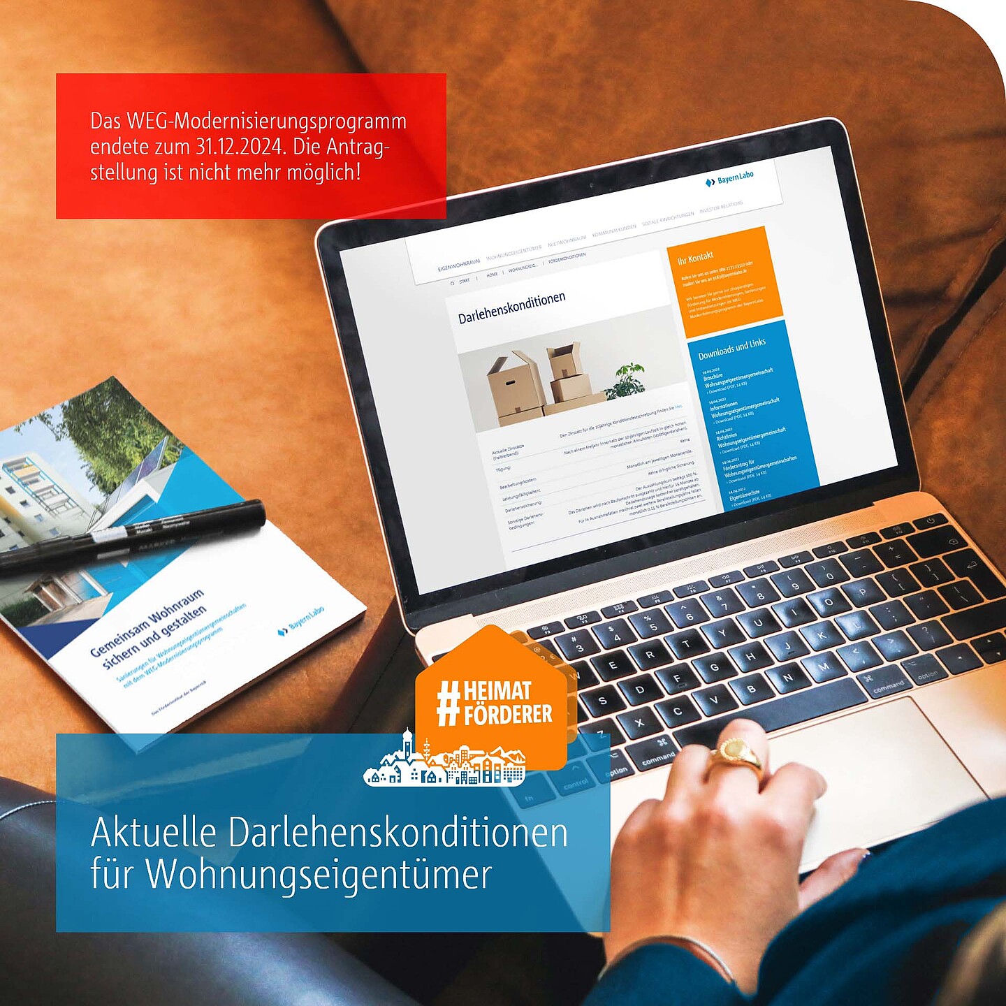 WEG-Website auf Laptop und WEG-Broschüre: Aktuelle Darlehenskonditionen des Modernisierungsprogramms.